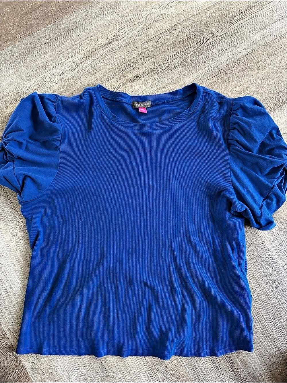 Vince Camuto Short Sleeve Puff Sleeve Ribbed Crewneck Top Blue